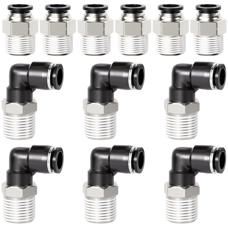 TAILONZ PNEUMATIC Elbow and Straight Combination 1/2 Inch Tube OD x 1/2 Inch NPT Thread Push to Connect Fittings PC-1/2-N4+PL-1/2-N4(Pack of 12) - Image 1